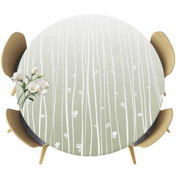Sage Green Round Tablecloth, Fitted Table Cover with Elastic for 36"-44" Round Tables, Floral Stripe Gradient Simple Branch Texture Table Cloth Outdoor Indoor Dinning Party Waterproof Tablecloths