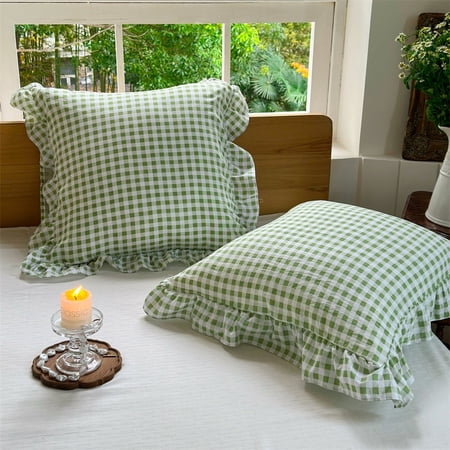 Sage Green Ruffled Plaid Gingham Pillow Shams 20"x20", Set of 2 Green Checked Pre-Washed Microfiber Farmhouse Pillowcases for Bed/Sofa (20"x20", Sage Green Gingham)