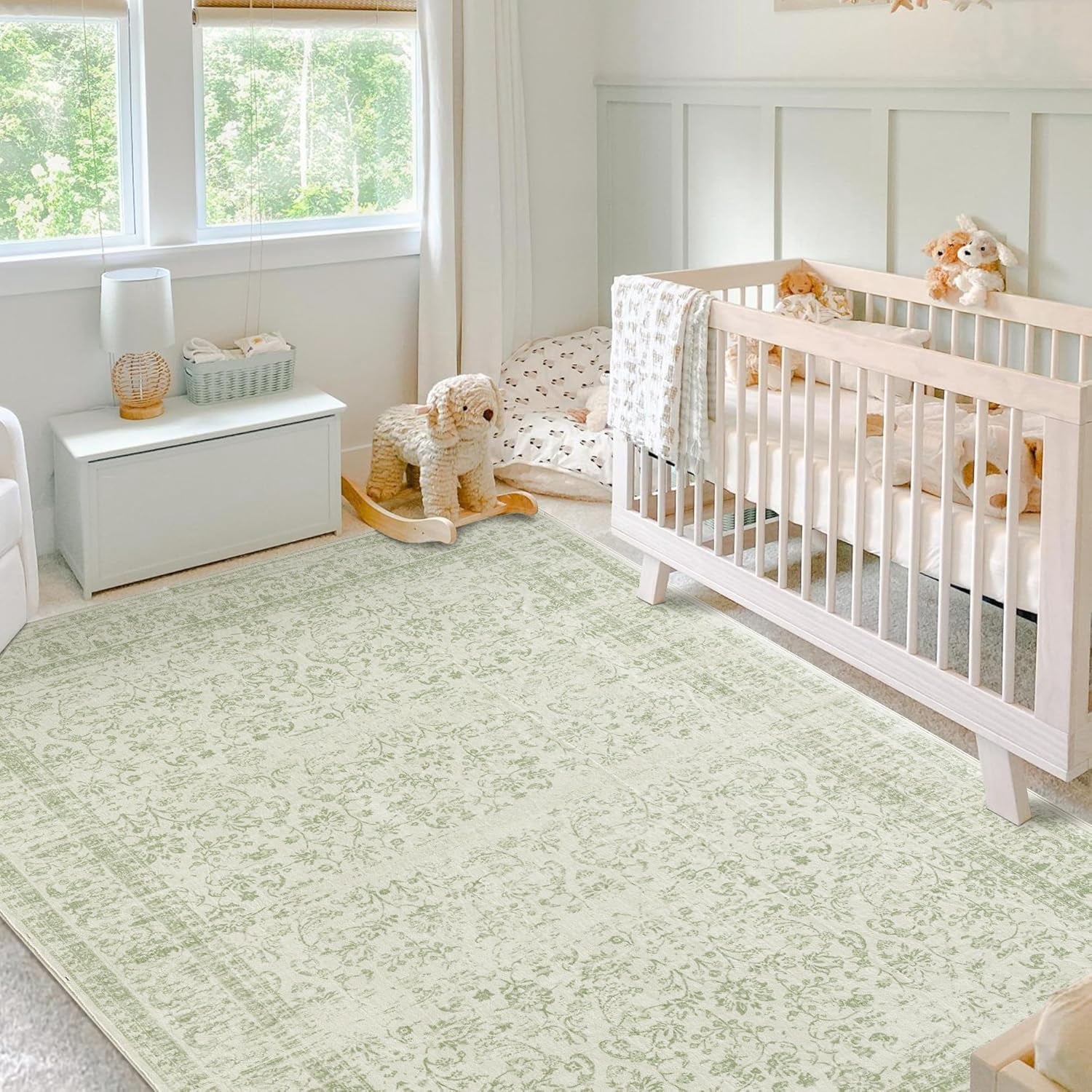 Sage Green Rug for Bedroom Neutral Boho Farmhouse Floral Washable Soft ...