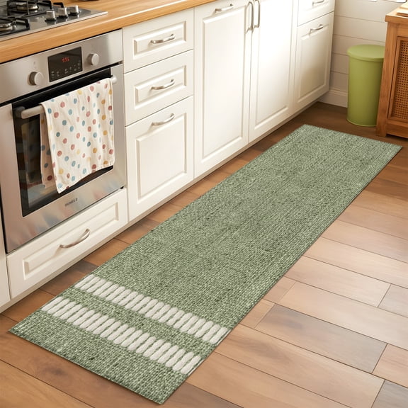 Sage Green Runner Rug Non Slip 2x6 Oatmeal Beige Green Woven Fabric Texture Rustic Farmhouse Washable Rug Runner for Hallways Low Pile Kitchen Rugs Stain Resist Carpet for Bathroom Bedroom Entryway