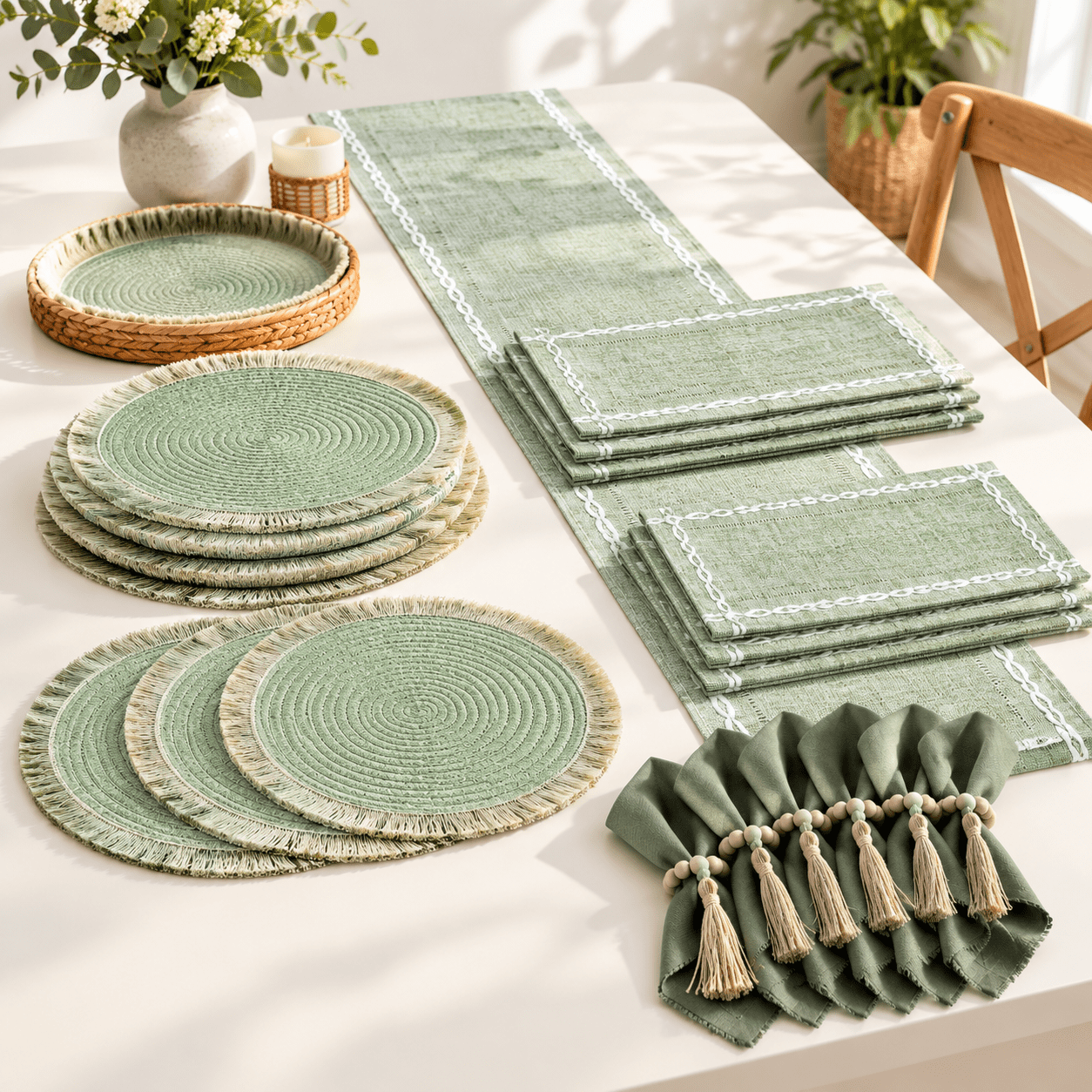 Rustic Modern Table Runner Sage Green Rustic Farmhouse Table Runner and Placemat 13-Piece Set ...