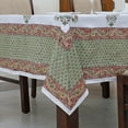 thumbnail image 1 of Sage Green Salmon pink on white Flower Design Hand Block Printed Tablecloth, 1 of 5
