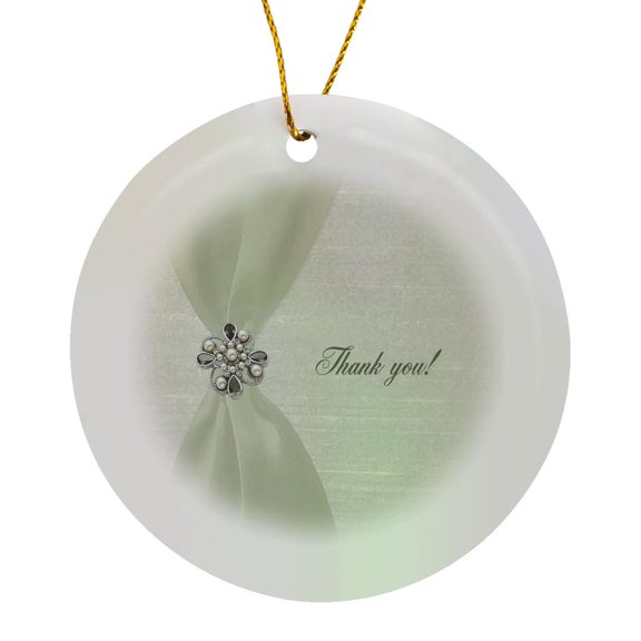 3drose, Sage Green Satin Look Ribbon with Jewel like Thank You, Circle Porcelain Ornament