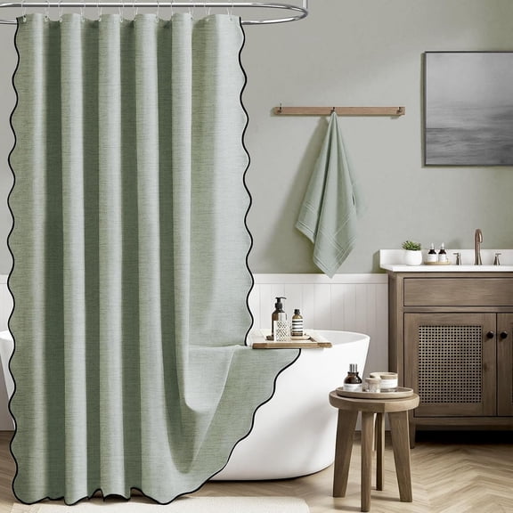 Sage Green Scalloped Shower Curtain, Linen Textured Boho Cute Fancy Fabric Shower Curtain Set with Plastic Hooks, Hotel Modern Luxury Cloth Shower Curtains for Bathroom Bathtub, 72x72