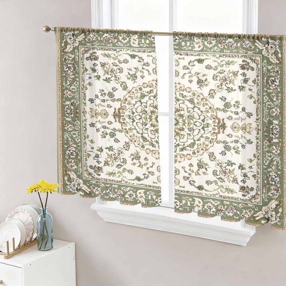 Sage Green Semi Sheer Curtains 54 Inch Length 2 Panels Set, Southwest Tribal Antique Boho-Chic Heritage Sheer Kitchen Curtain Privacy Voile Window Curtain for Living Room Bedroom Rod Pocket Drapes