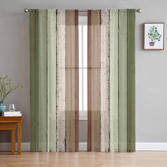 Sage Green Semi Sheer Curtains 63 Inch Length 2 Panels Set, Farmhouse Wood Grain Vintage Brown Striped Sheer Kitchen Curtain Privacy Voile Window Curtain for Living Room Bedroom Rod Pocket Drapes