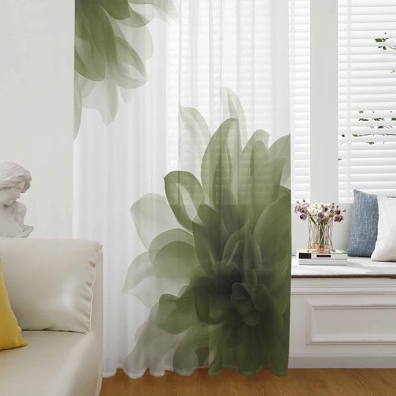 Sage Green Semi Sheer Curtains Drapes for Living Room,Bedroom,French Doors Window 108 Inches Long,Boho Modern Floral Abstract Ombre Leaf White Rod Pocket Chiffon Curtain Drapery Voile Drape Panel