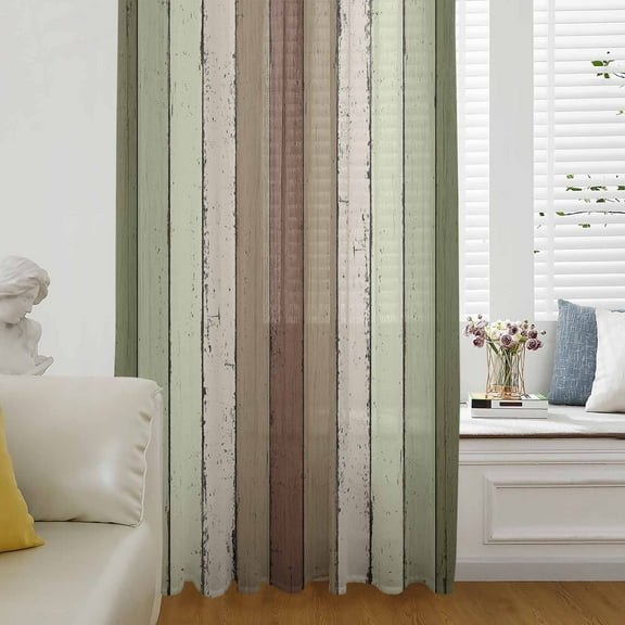 Sage Green Semi Sheer Curtains Drapes for Living Room, Bedroom, French Doors Window 45 Inches Long, Farmhouse Wood Grain Vintage Brown Striped Rod Pocket Chiffon Curtain Drapery Voile Drape Panel