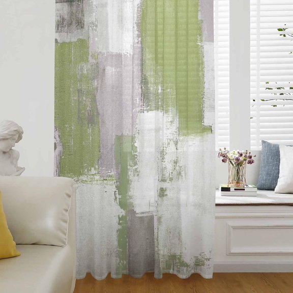 Sage Green Semi Sheer Curtains Drapes for Living Room, Bedroom, French Doors Window 45 Inches Long, Modern Geometric Grey Oil Painting Abstract Rod Pocket Chiffon Curtain Drapery Voile Drape Panel