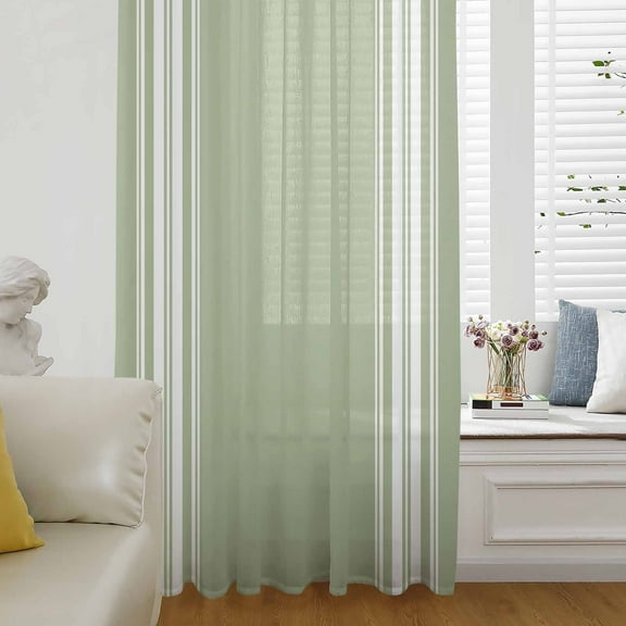 Sage Green Semi Sheer Curtains Drapes for Living Room, Bedroom, French Doors Window 96 Inches Long, Farmhouse Sage Green White Striped Rod Pocket Chiffon Curtain Drapery Voile Draperies Panel