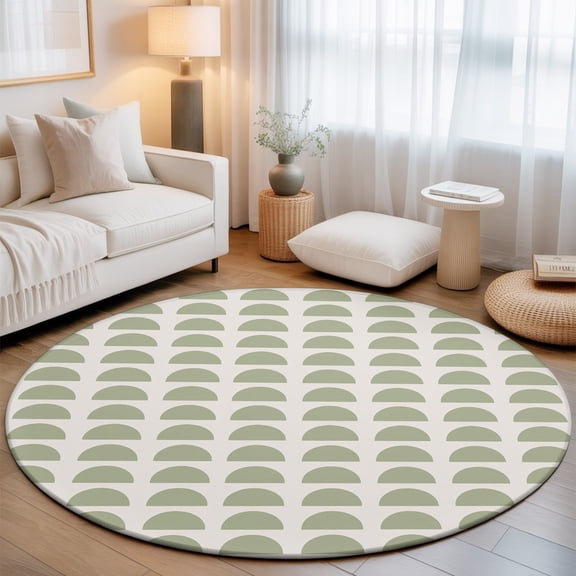 Sage Green Semicircles 7' Round Rug for Living Room Conversation Area, Boho Layered Modern Sage Arcs Minimalist Washable Non Slip Large Circle Area Rug