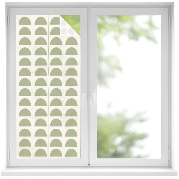 Sage Green Semicircles Window Privacy Film, Boho Layered Modern Sage Arcs Minimalist Frosted Glass Window Clings Static Cling UV Heat Blocking Reusable Door Sticker for Bathroom 17.7 x 39.3 Inch