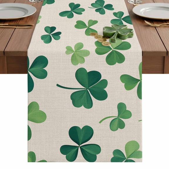 Sage Green Shamrocks Table Runner 13 x 48 Inch, St. Patrick's Day Washable Cotton Linen Dining Table Runner Tabletop Decorations for Restaurant Home Kitchen Party