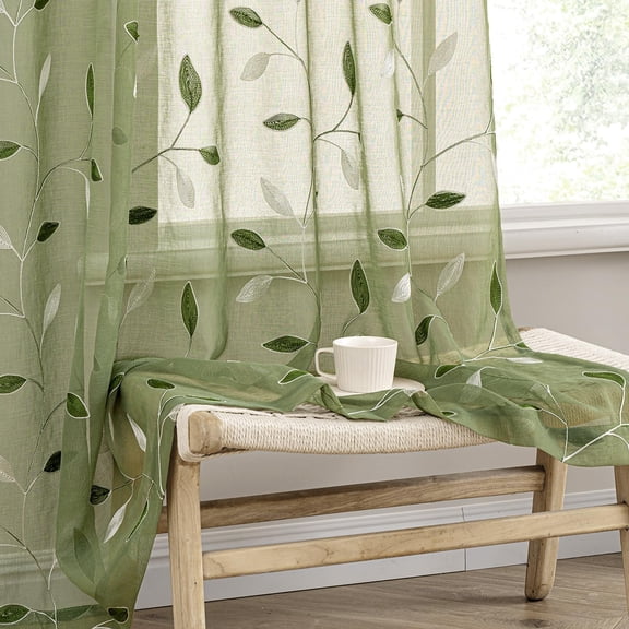 Sage Green Sheer Curtains 2 Panels Embroidered Leaf Patterned Rod Pocket Floral Semi Sheer Faux Linen Window Curtains Drapes Set for Living Room Bedroom Dining Room, 52x84 Inches Long