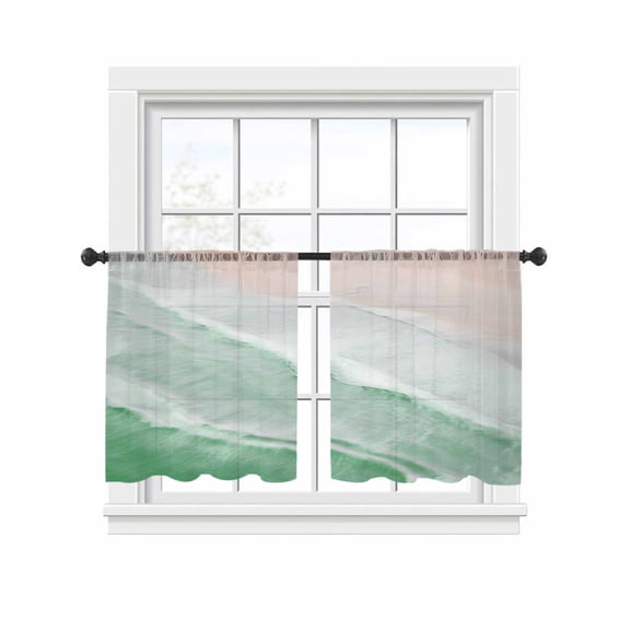 Sage Green Sheer Curtains 2 Panels Set Gradient Sea Waves Sandy Beach Coastal Scenery Sheer Window Curtains Light Filtering Rod Pocket Voile Drapes for Bedroom Living Room 52"x45"