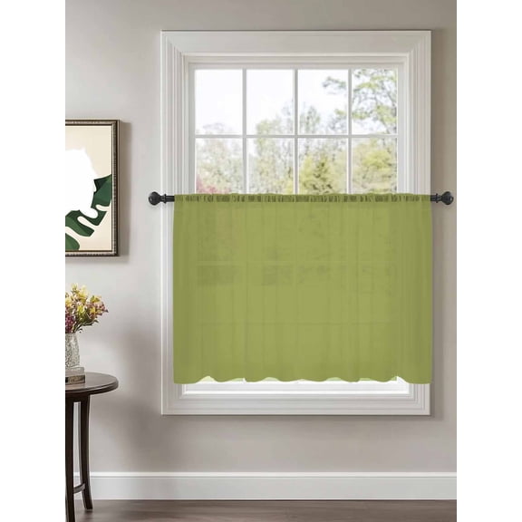 Sage Green Sheer Curtains 45 Inch Long 1 Panel Olive Solid Color Rod Pocket Voile Cafe Curtains Light Filtering Small Window Treatments for Kitchen Basement 52" x 45"