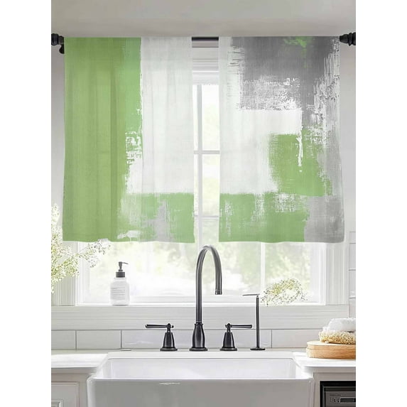 Sage Green Sheer Curtains 54 Inches Long 2 Panels Grey Graffiti Modern Oil Paint Geometric Abstract Light Filtering Semi Sheer Window Curtains Drapes for Bedroom Living Room 52"x54"