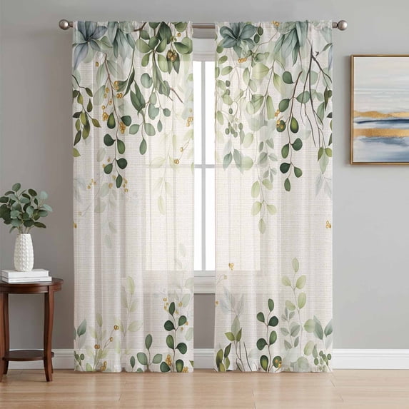 Sage Green Sheer Curtains 84 Inch Length 2 Panels Set - Light Filtering Window Treatments, Eucalyptus Leaves Rod Pocket Semi Curtains for Living Room/Bedroom/Kitchen Décor, 104"W x 84"L