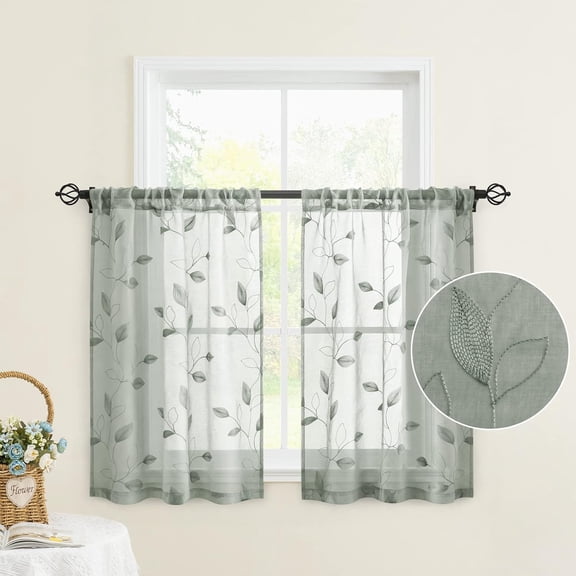 Sage Green Sheer Kitchen Curtains 35 X 45 Inch Length 2 Panels Embroidered Leaf Pattern Short Curtains for Small Window Valance Tiers