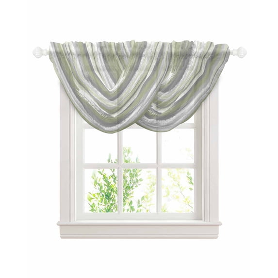 Sage Green Sheer Waterfall Valance Curtains for Window, Modern Abstract Grey Striped Art Rod Pocket Sheer Topper Swag Curtains for Living Room, Kitchen 38.5"W x 47.2"L, 2 Panels