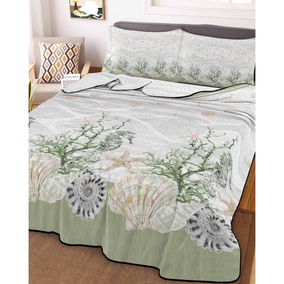 Sage Green Shell King Size Down Alternative Comforter, Lightweight Comforter Quilt Bedding Set with Pillow Shams Coastal Nautical Seahorse Conch Coral All Seasons Bed Comforter Duvet Insert 96"x106"