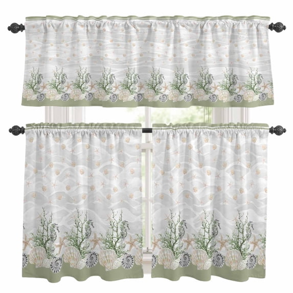 Sage Green Shell Kitchen Curtains Sets for Windows 24 Inch Length, Coastal Nautical Seahorse Conch Coral Rod Pocket Window Treatments Tier Curtains and Valances Set for Bedroom/Bathroom