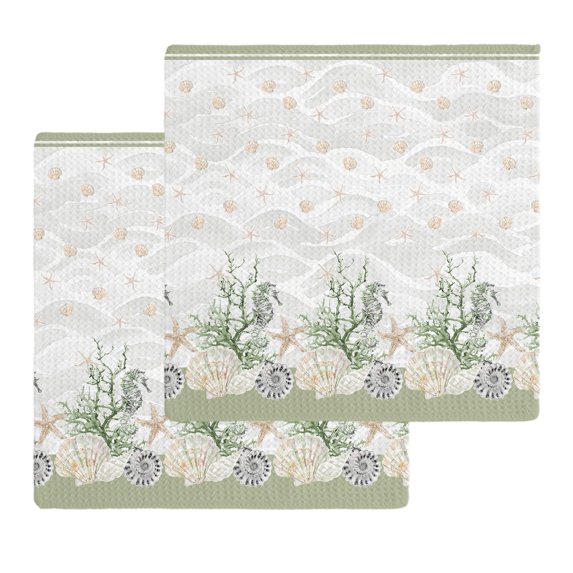 Sage Green Shell Kitchen Dish Towels for Drying Dishes Set of 2, Coastal Nautical Seahorse Conch Coral Waffle Weave Microfiber Hand Tea Bathroom Towels Quick Dry & Absorbent Towel 12x12