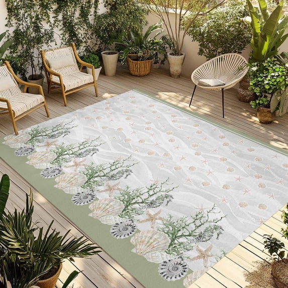 Sage Green Shell Outdoor Rug 3x5 Ft - Reversible Patio Rug Outdoor Camping Rugs, Coastal Nautical Seahorse Conch Coral Washable Indoor Outdoor Area Rugs, Non-Slip Outdoor Carpet Runner for Deck/Porch