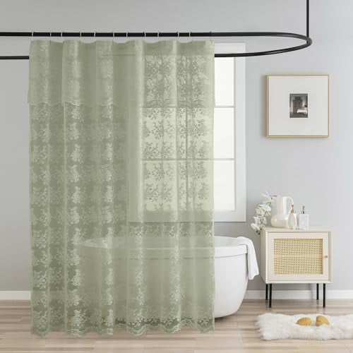 Sage Green Shower Curtain with Attached Valance, Knitted Sheer Lace Floral Summer Bathroom Curtain, Scalloped Edge Reinforced Holes Top Green Boho Shower Curtain, 72 x 72 Inch, 1 Panel