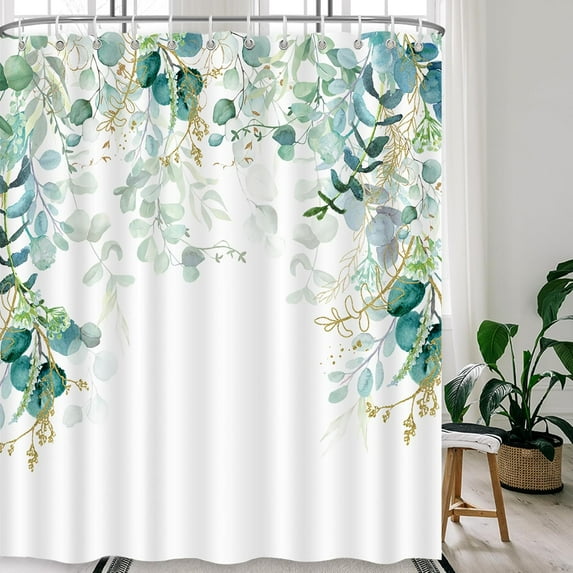 Sage Green Shower Curtain for Bathroom with 12 Hooks, Waterproof Enhanced Shower Curtains with Eucalyptus Leaf Plant Pattern, Floral Shower Curtain Inspired by Nature for Decoratin-72 x72