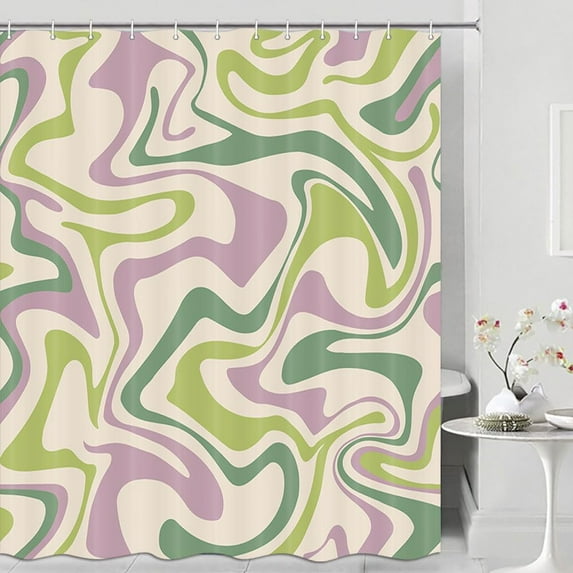 Sage Green Shower Curtain for Bathroom, Cute Aesthetic 70S Abstract Wavy Swirl Bath Curtain Liner, Colofor Fun Pastel Vintage Purple Retro Boho Minimal Teen Girls Restroom Decor Accessories with Hooks