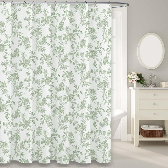 Sage Green Shower Curtain Floral Cotton Cottagecore Shower Curtain for Bathroom 72" W x 84" L
