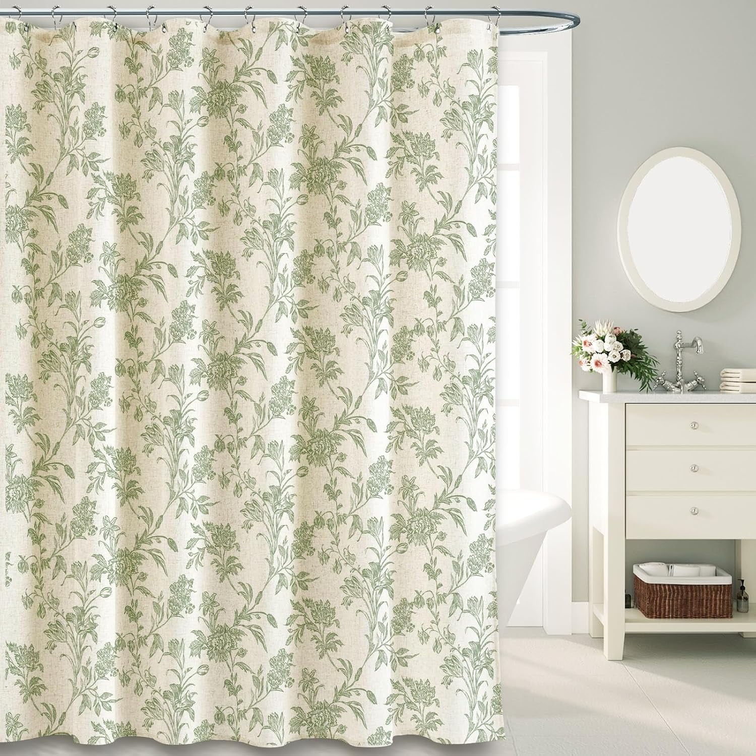 Sage Green Shower Curtain Floral Cotton Linen Cottagecore Shower Curtain for Bathroom 72" W x 72" L