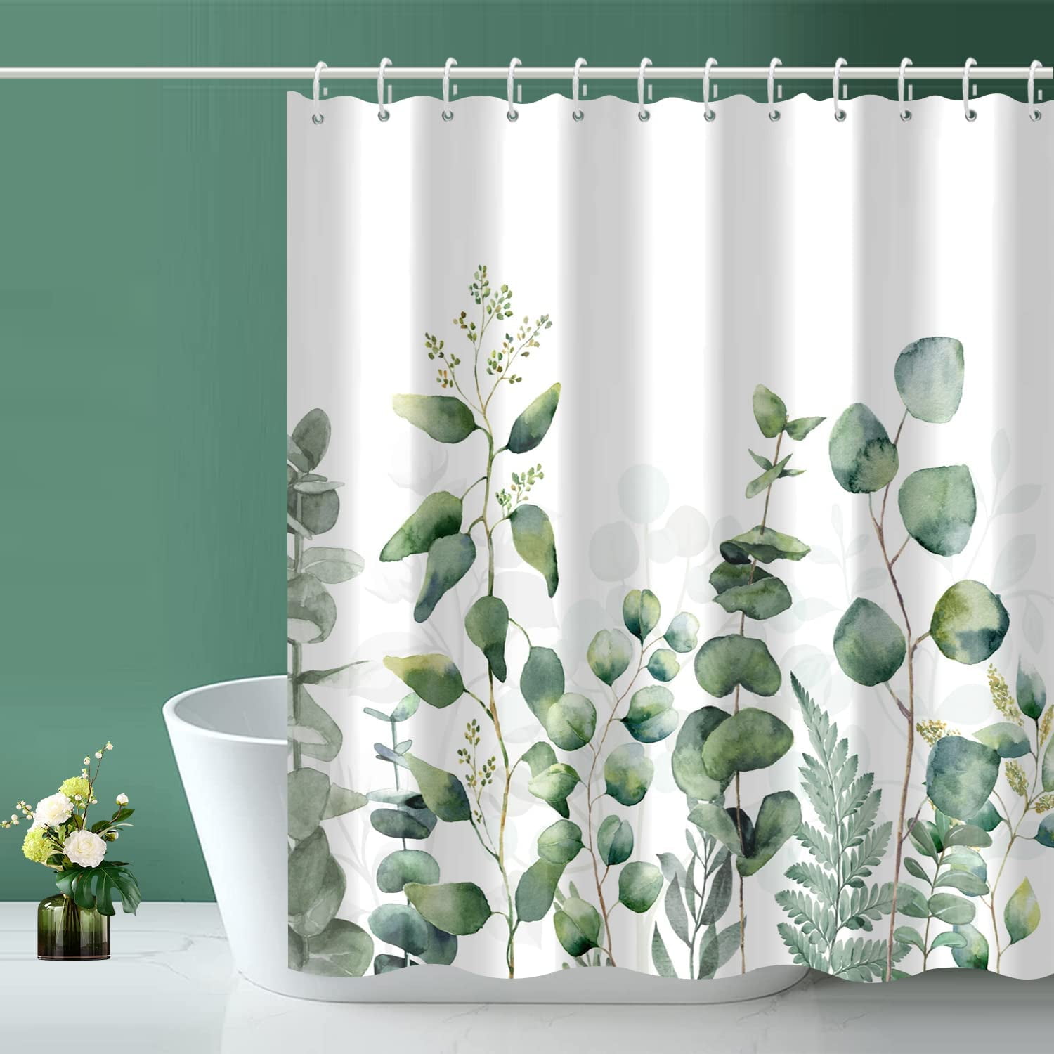 Sage Green Shower Curtain, Floral Eucalyptus Shower Curtain Machine Washable, Waterproof Fabric