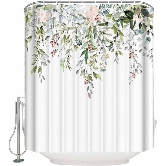Sage Green Shower Curtain Set for Bathroom, Eucalyptus Watercolor Plant Leaves Floral Shower Curtain 3D Printing Waterproof Durable Polyester Cloth Bath Decoration 72x72IN