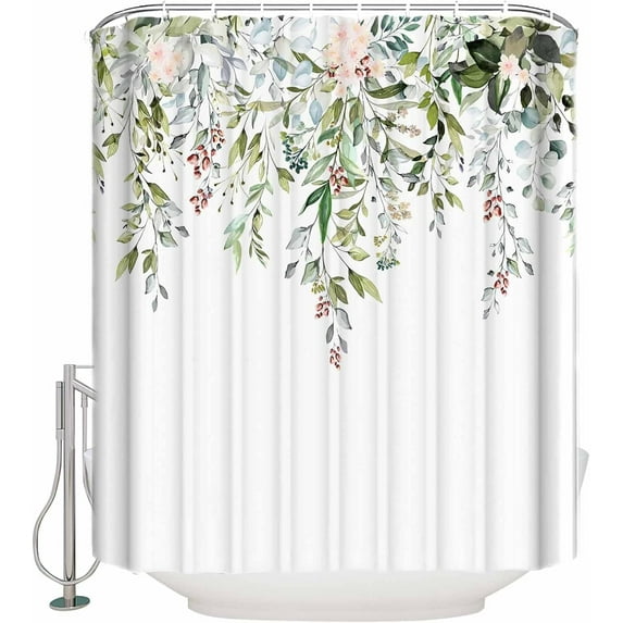 Sage Green Shower Curtain Set for Bathroom, Eucalyptus Watercolor Plant Leaves Floral Shower Curtain 3D Printing Waterproof Durable Polyester Cloth Bath Decoration 36x72IN