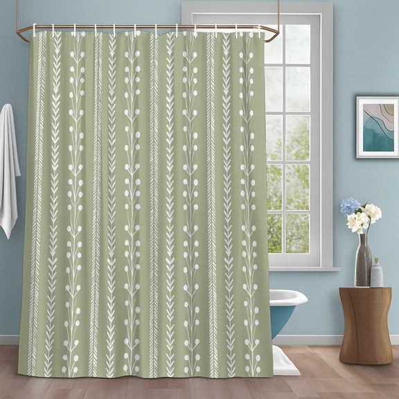 Sage Green Shower Curtain Set with Hooks, Rustic Vertical Dashed Lines Shabby Chic Leaf Cottagecore Water Repellent Sturdy Shower Curtains for Bathroom Decoration, Machine Washable 36x72 In