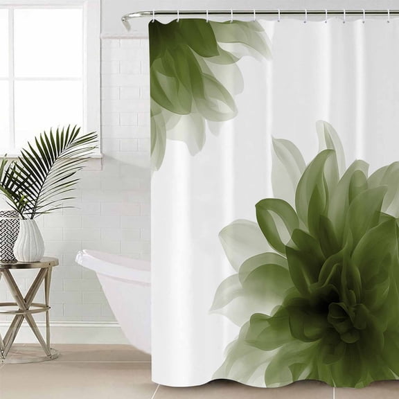 Sage Green Shower Curtain Set, Waterproof Shower Curtains for Bathroom, Boho Modern Floral Abstract Ombre Leaf White Washable Fabric Cloth Bath Curtain for Bathtub Decoration with Hooks 54x78 Inches