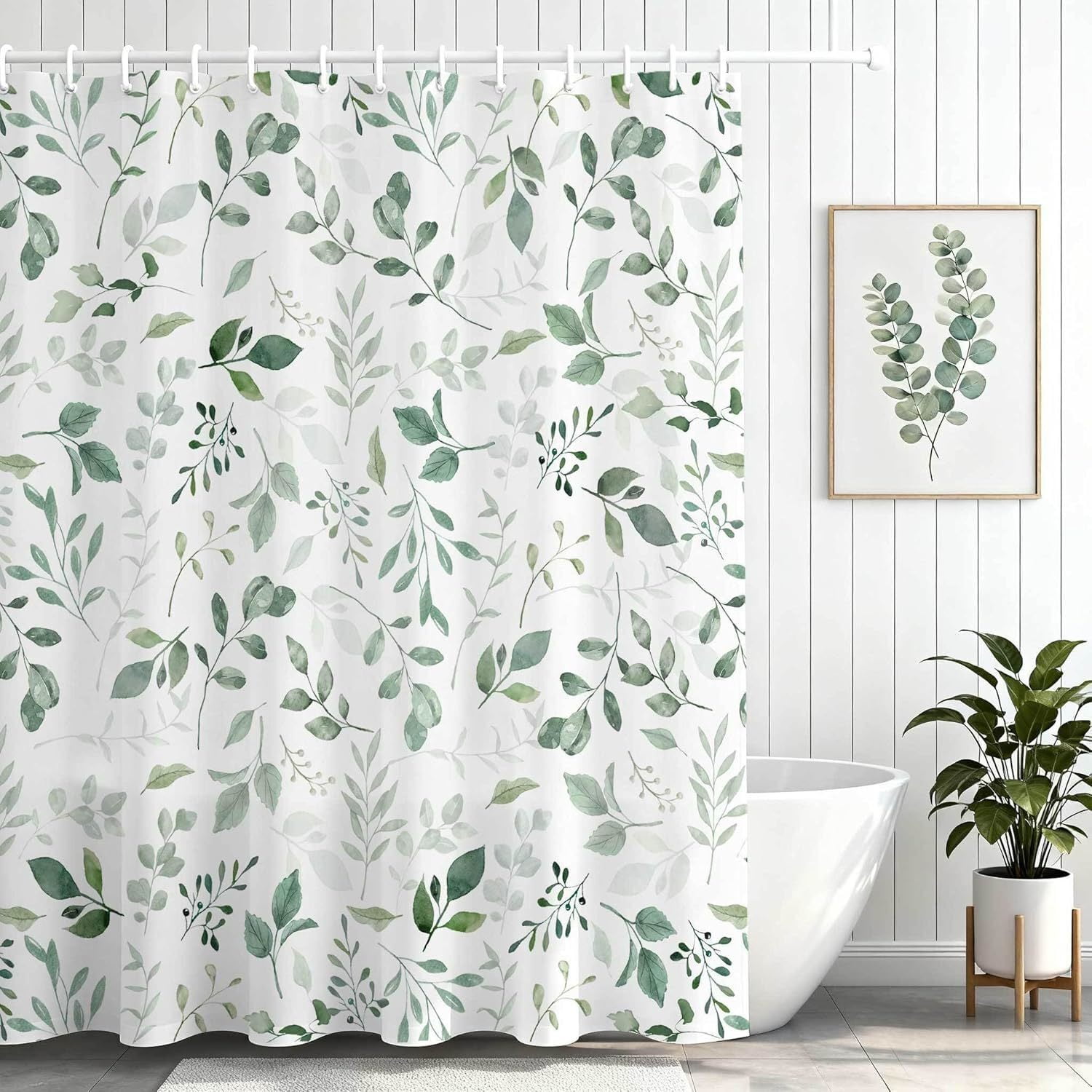 Sage Green Shower Curtain, Watercolor Eucalyptus Botanical Floral Leaf Shower Curtains for Bathroom Decor, Spring Plant Waterproof Fabric Cloth Bathtub Shower Curtain Set with Hooks 54x72 Inch