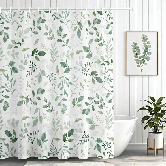 Sage Green Shower Curtain, Watercolor Eucalyptus Botanical Floral Leaf Shower Curtains for Bathroom Decor, Spring Plant Waterproof Fabric Cloth Bathtub Shower Curtain Set with Hooks 72x72 Inch