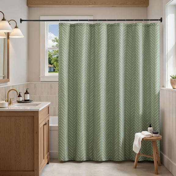 Sage Green Shower Curtain with White Herringbone Striped Zig Zag Chevron Waterproof Fabric Modern Farmhouse Shower Curtains for Bathroom with 12 Hooks 72x72 Inches