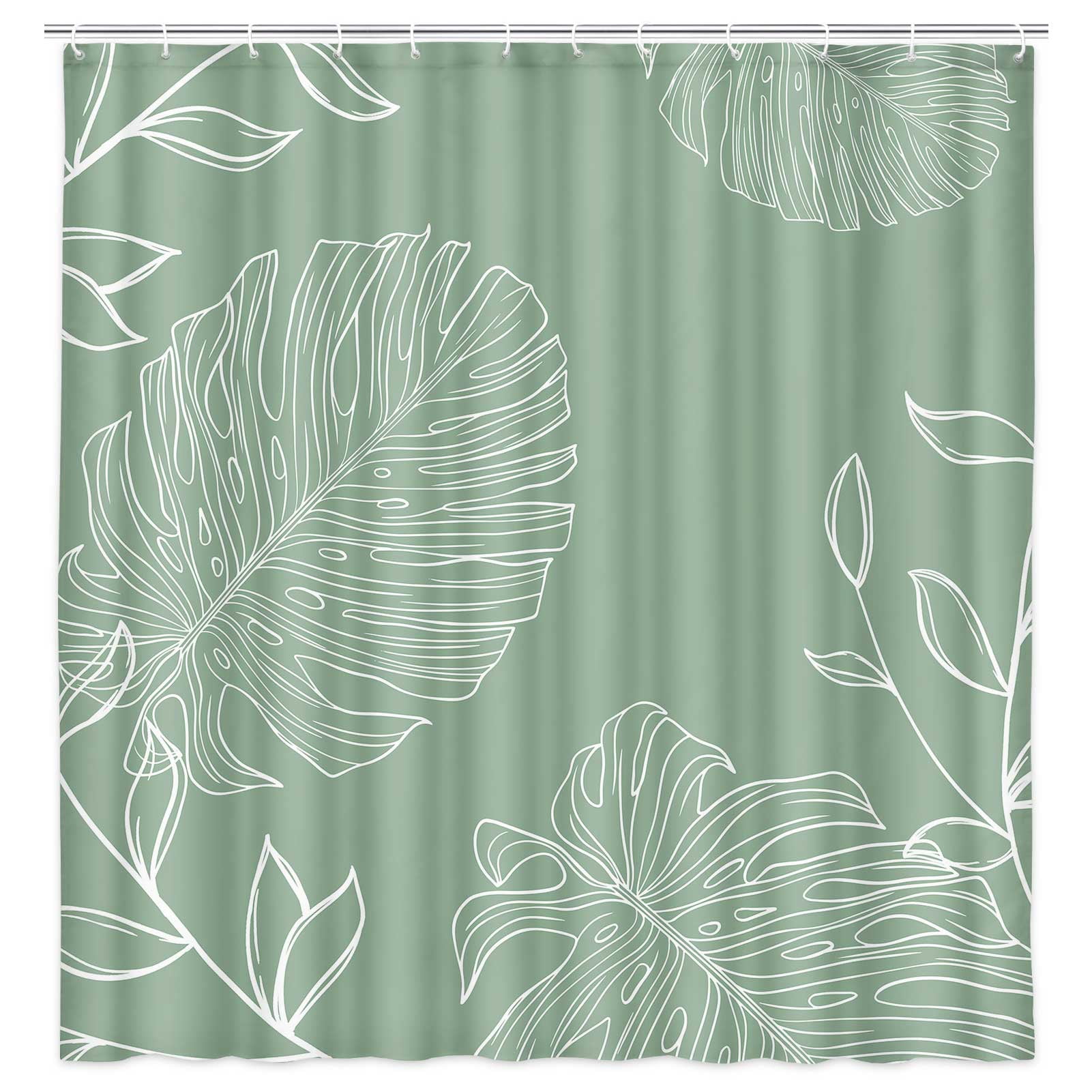 Sage Green Shower Curtain, White Tropical Plant Leaves Shower Curtain ...