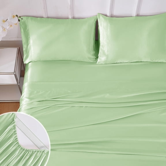Sage Green Silk Satin Queen Sheet Set, Silky Cooling Spring & Summer Bedding, Luxury Hotel Style Fitted Sheet with 15" Deep Pocket