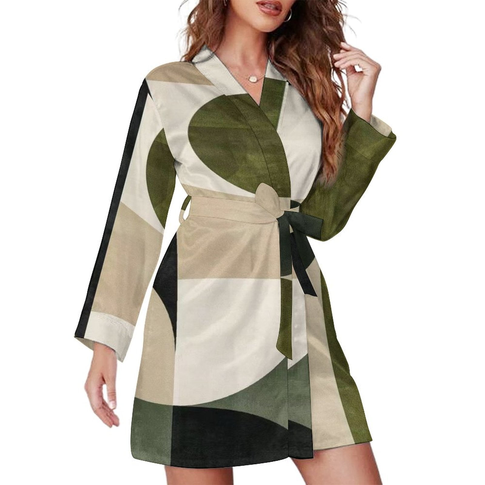 Simple Robe O Sage Green Simple Shapes Night Robe Long Sleeve V Neck Robe With Belt ...