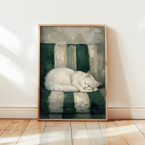 Sage Green Sleeping Cat Minimal Wall Art, Unframed Paper Print Size 8x12