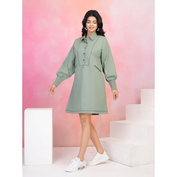 Sage Green Smock Cuff Button-Front Cotton Poplin Dress