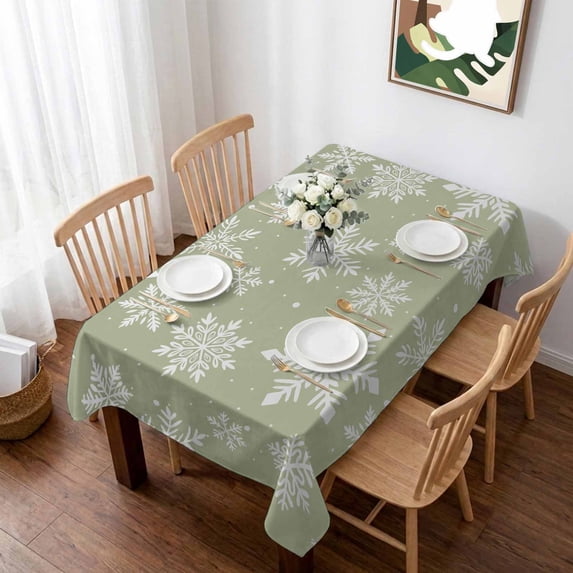 Sage Green Snowflake Christmas Table Cloth Waterproof Tablecloths, Winter Xmas Snowflakes Tablecloth Dining Table Cover for Kitchen Party Tabletop Outdoor, Rectangle Tablecloth 60x102 Inch