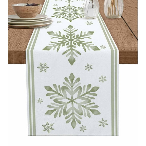 Sage Green Snowflake Christmas Table Runner 108 Inches, Xmas Abstract Art Winter Bed Runner Dresser Scarves Tabletop for Indoor Outdoor Parties/Ceremony/Banquet, 13"x 108"