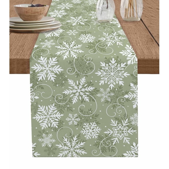 Sage Green Snowflake Christmas Table Runner 72 Inches, Xmas Winter Abstract Art Bed Runner Dresser Scarves Tabletop for Indoor Outdoor Parties/Ceremony/Banquet, 14" x 72"