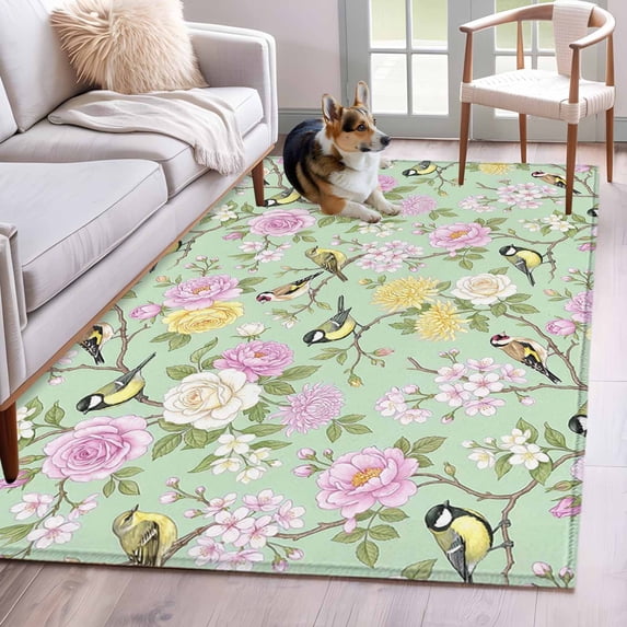 Sage Green Spring Floral Area Rugs 4'x6', Small Throw Rugs for Office Bathroom, Elegant Farmhouse Flowers Birds Watercolor Indoor Outdoor Rug Non-Slip Low Pile Carpet Runner Reversible Floor Mats